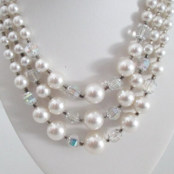 Glass Pearl Bead Necklace Triple Strand Crystals - Picture 2 of 8